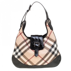 Pre Owned Burberry Black/Beige Nova Check PVC and Patent Leather Brooke Hobo