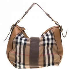 Pre Owned Burberry Beige/Brown House Check Canvas and Leather Hobo