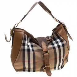 Pre Owned Burberry Beige/Brown House Check Canvas and Leather Hobo