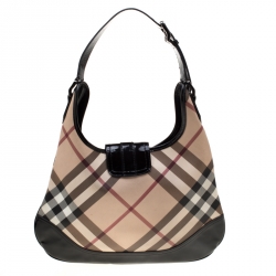Pre Owned Burberry Black/Beige Nova Check PVC and Patent Leather Brooke Hobo