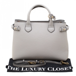 Burberry Grey Leather  House Check Canvas Medium Banner Top Handle Bag