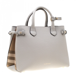 Burberry Grey Leather  House Check Canvas Medium Banner Top Handle Bag