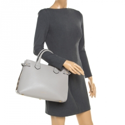 Burberry Grey Leather  House Check Canvas Medium Banner Top Handle Bag