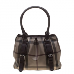 Pre Owned Burberry Brown Smoked Check PVC and Leather Lowry Tote