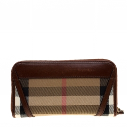 Pre Owned Burberry Brown/Beige House Check Canvas and Leather Zip Around Wallet