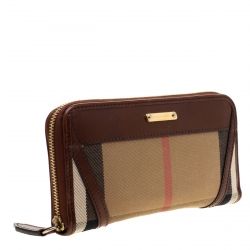 Pre Owned Burberry Brown/Beige House Check Canvas and Leather Zip Around Wallet