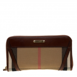Pre Owned Burberry Brown/Beige House Check Canvas and Leather Zip Around Wallet