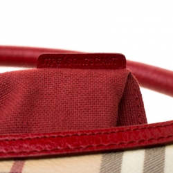 Pre Owned Burberry Red/Beige Haymarket Check PVC and Leather Hobo