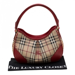Pre Owned Burberry Red/Beige Haymarket Check PVC and Leather Hobo