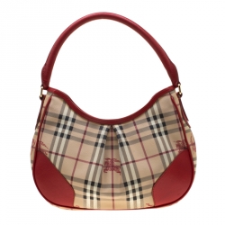 Pre Owned Burberry Red/Beige Haymarket Check PVC and Leather Hobo
