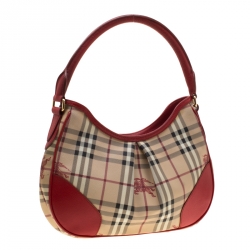 Pre Owned Burberry Red/Beige Haymarket Check PVC and Leather Hobo