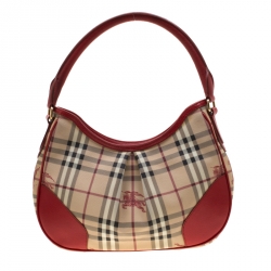 Pre Owned Burberry Red/Beige Haymarket Check PVC and Leather Hobo