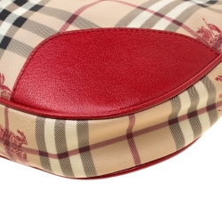Pre Owned Burberry Red/Beige Haymarket Check PVC and Leather Hobo