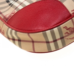 Pre Owned Burberry Red/Beige Haymarket Check PVC and Leather Hobo