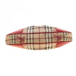 Pre Owned Burberry Red/Beige Haymarket Check PVC and Leather Hobo