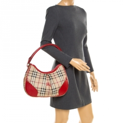 Pre Owned Burberry Red/Beige Haymarket Check PVC and Leather Hobo