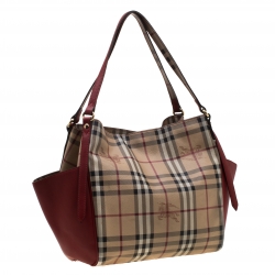 مملوكة مسبقًا Burberry Beige/Military Red Haymarket Check PVC Small Canterbury Tote