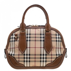 Pre Owned Burberry Brown Haymarket Check PVC and Leather Dome Satchel