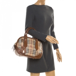 Pre Owned Burberry Brown Haymarket Check PVC and Leather Dome Satchel