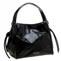 Burberry Black Embossed Check Patent Leather Tote 