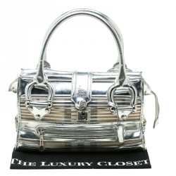 Pre Owned Burberry Silver House Check Canvas and Patent Leather Manor Satchel
