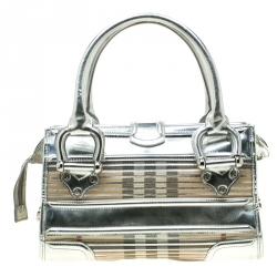 Pre Owned Burberry Silver House Check Canvas and Patent Leather Manor Satchel
