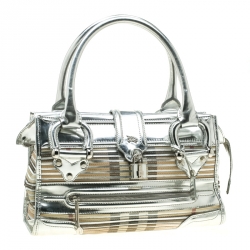 Pre Owned Burberry Silver House Check Canvas and Patent Leather Manor Satchel