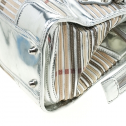 Pre Owned Burberry Silver House Check Canvas and Patent Leather Manor Satchel