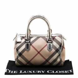 Pre Owned Burberry Silver Nova Check PVC and Leather Chester Boston Bag