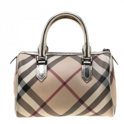 Pre Owned Burberry Silver Nova Check PVC and Leather Chester Boston Bag