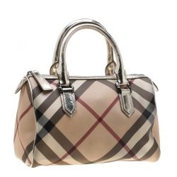 Pre Owned Burberry Silver Nova Check PVC and Leather Chester Boston Bag