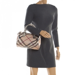 Pre Owned Burberry Silver Nova Check PVC and Leather Chester Boston Bag