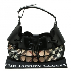 Pre Owned Burberry Black/Beige Nova Check Leather Warrior Armor Hobo
