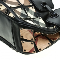 Pre Owned Burberry Black/Beige Nova Check Leather Warrior Armor Hobo