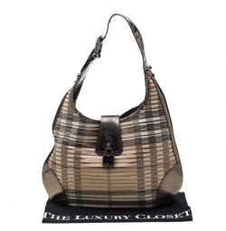 Pre Owned Burberry Olive Green Nova Check PVC and Patent Leather Brooke Hobo