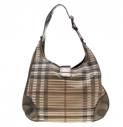 Pre Owned Burberry Olive Green Nova Check PVC and Patent Leather Brooke Hobo