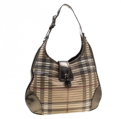 Pre Owned Burberry Olive Green Nova Check PVC and Patent Leather Brooke Hobo