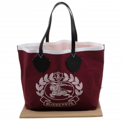 Pre Owned Burberry Maroon/Black Archive Logo Canvas And Leather Giant Tote