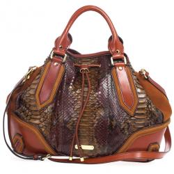 Pre Owned Burberry Brown Medium Framed Suede Python Tote Bag