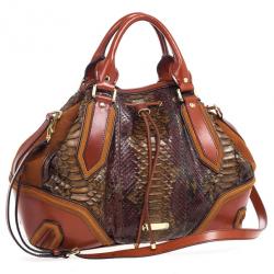 Pre Owned Burberry Brown Medium Framed Suede Python Tote Bag