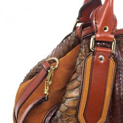 Pre Owned Burberry Brown Medium Framed Suede Python Tote Bag