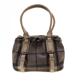 Pre Owned Burberry Beige PVC and Leather New Check Lowry Tote Bag