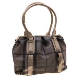 Pre Owned Burberry Beige PVC and Leather New Check Lowry Tote Bag