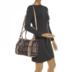 Pre Owned Burberry Beige PVC and Leather New Check Lowry Tote Bag
