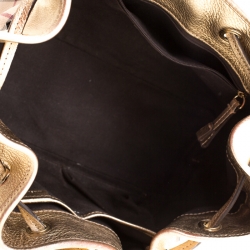 Pre Owned Burberry Beige/Gold Haymarket Check Cutout PVC and Leather Drawstring Tote