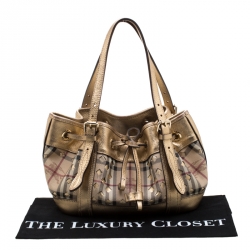 Pre Owned Burberry Beige/Gold Haymarket Check Cutout PVC and Leather Drawstring Tote
