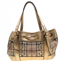 Pre Owned Burberry Beige/Gold Haymarket Check Cutout PVC and Leather Drawstring Tote