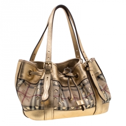 Pre Owned Burberry Beige/Gold Haymarket Check Cutout PVC and Leather Drawstring Tote