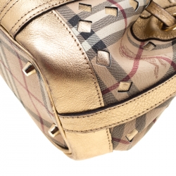Pre Owned Burberry Beige/Gold Haymarket Check Cutout PVC and Leather Drawstring Tote
