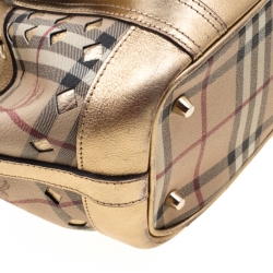 Pre Owned Burberry Beige/Gold Haymarket Check Cutout PVC and Leather Drawstring Tote
